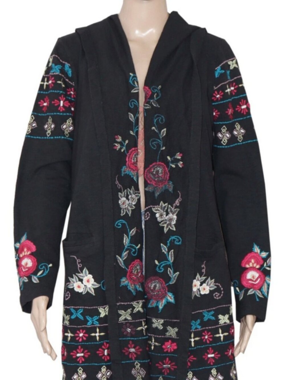 Caite Floral Embroidered Front Open Long Sleeve Asymmetrical Robe Hoodie - Picture 6 of 6